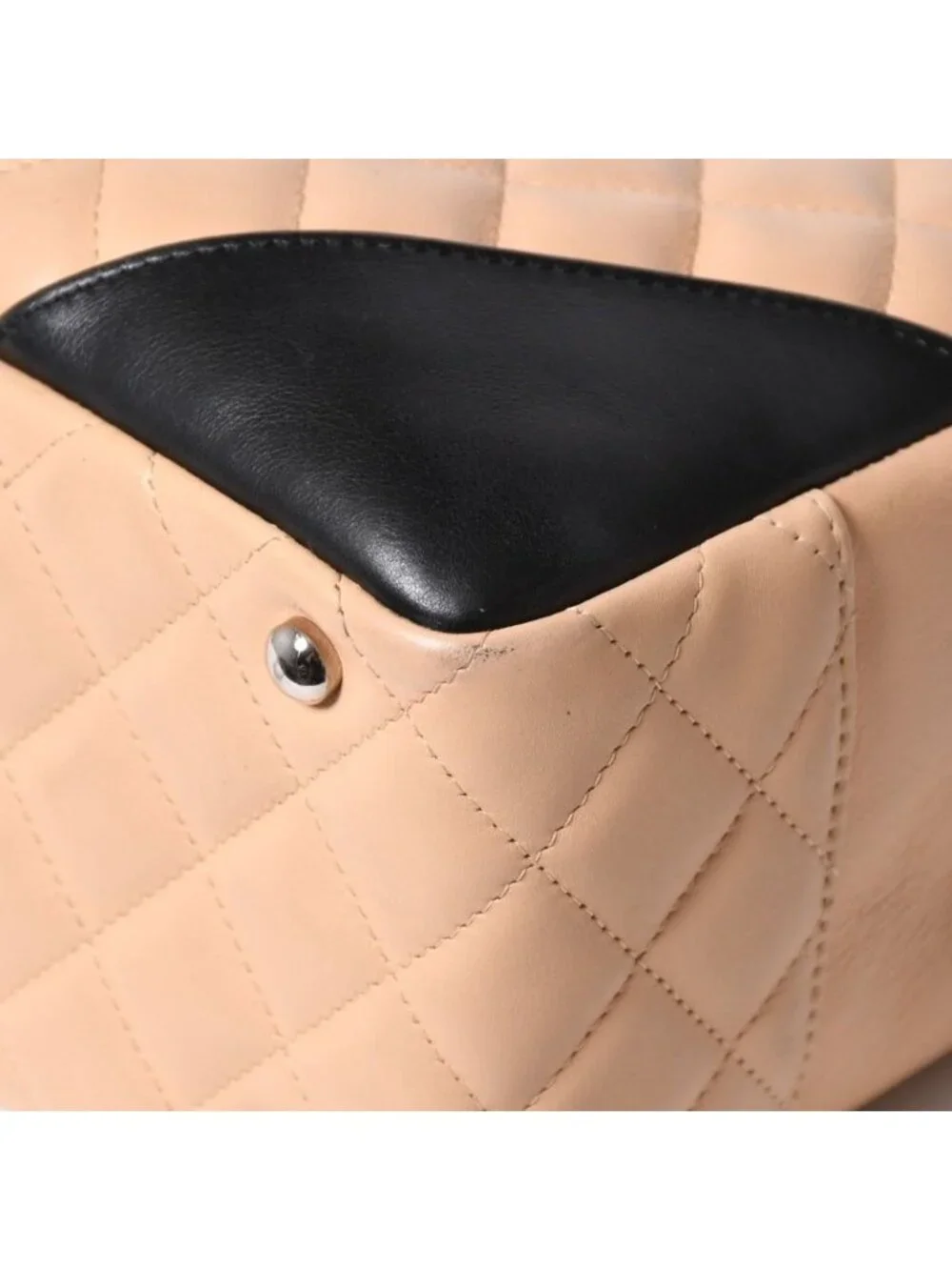 Chanel Cambon Line Bowling Bag Lambskin Beige Black CC Logo Silver